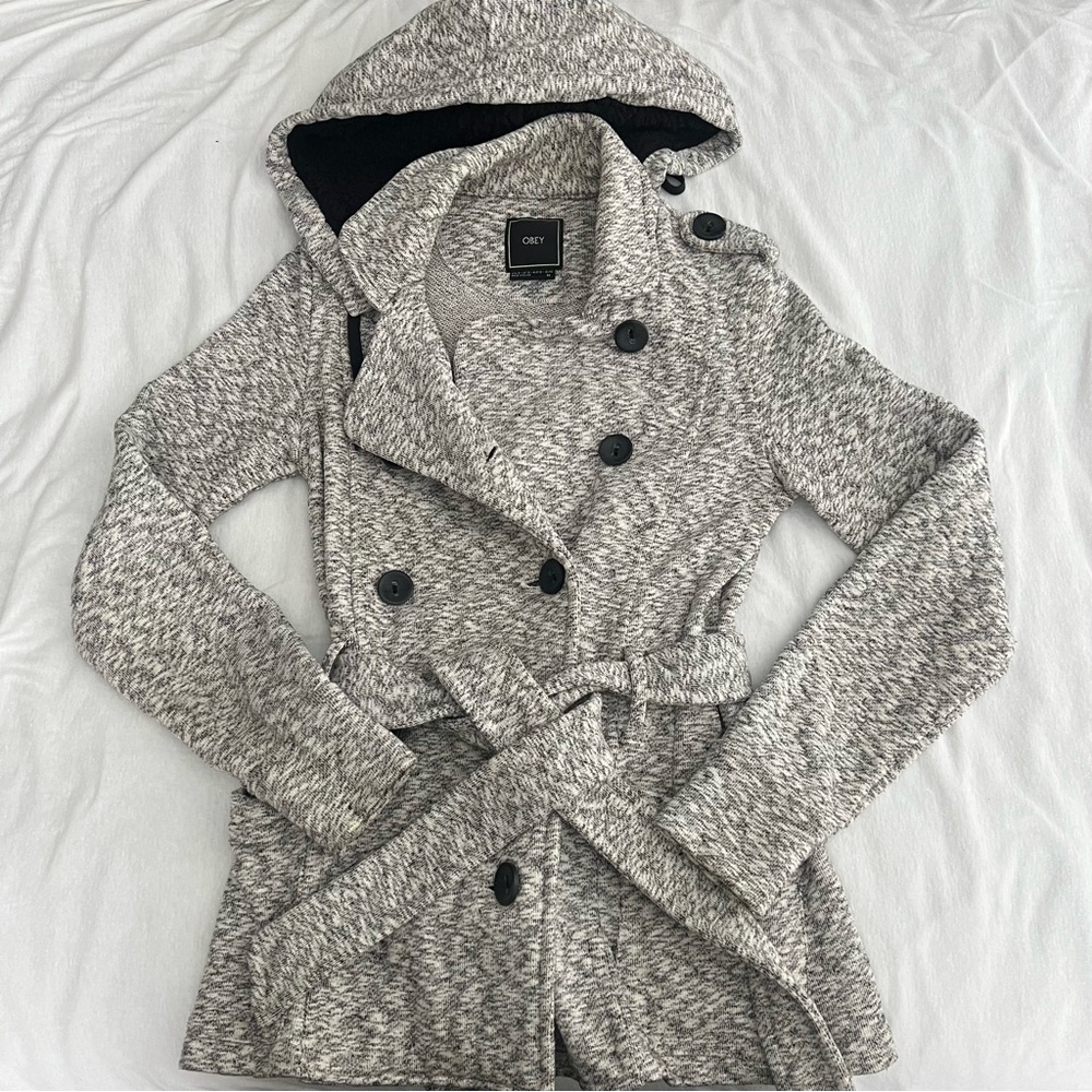 Obey pea coat with removable hood, size medium